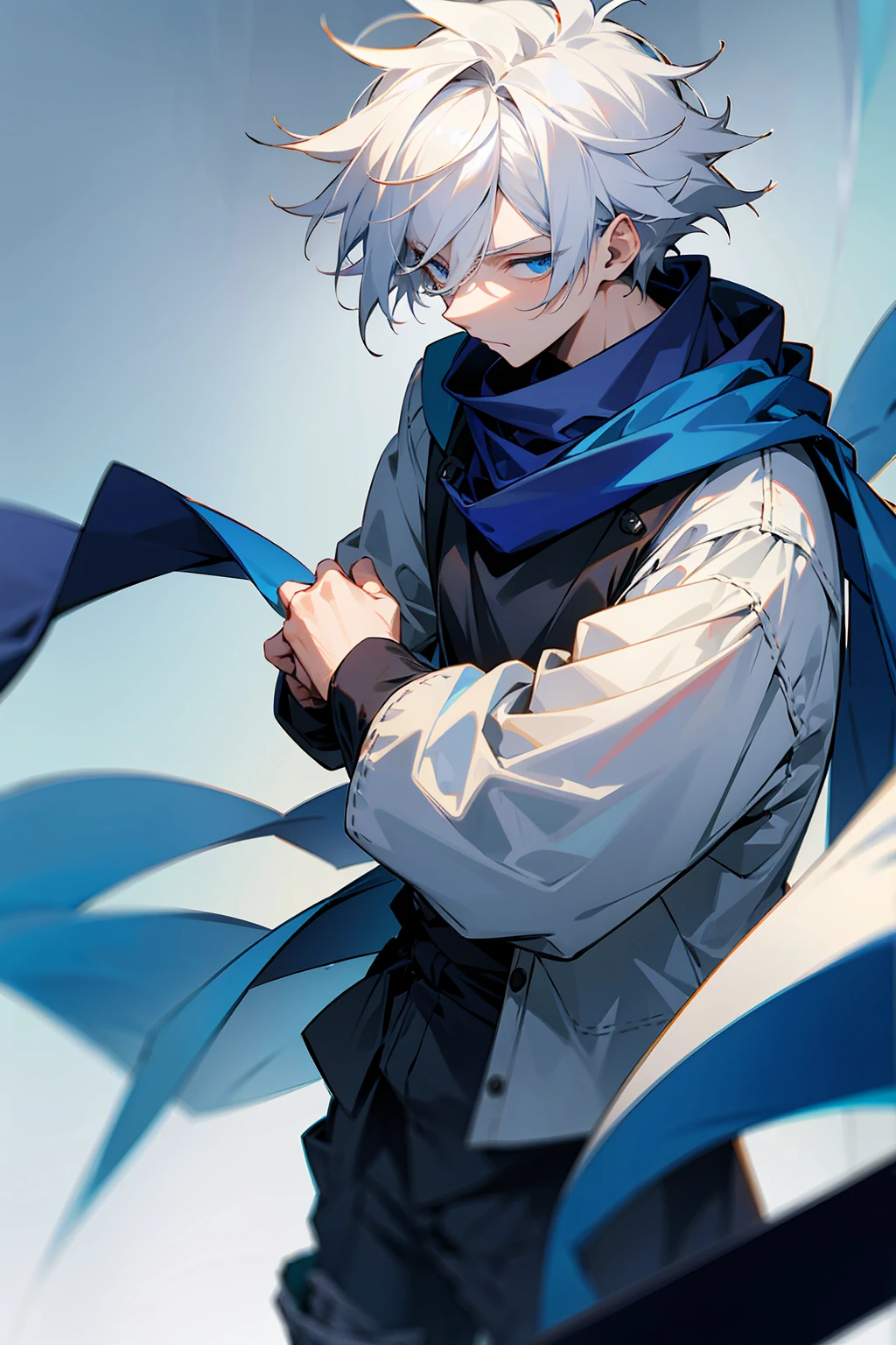 1male , White Hair , Parted Hair ,Yound Male , Messy Hair , Fitted longsleeve shirt , Ninja Clothing , Blue Scarf , Cargo Shorts , Emotionless Expression , Bright Lighting , Masterpiece Quality , Perfect Generation 