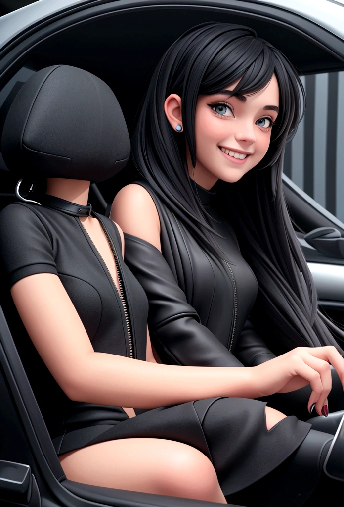 teen girl, in a black mini dress, smiling, driving a car 