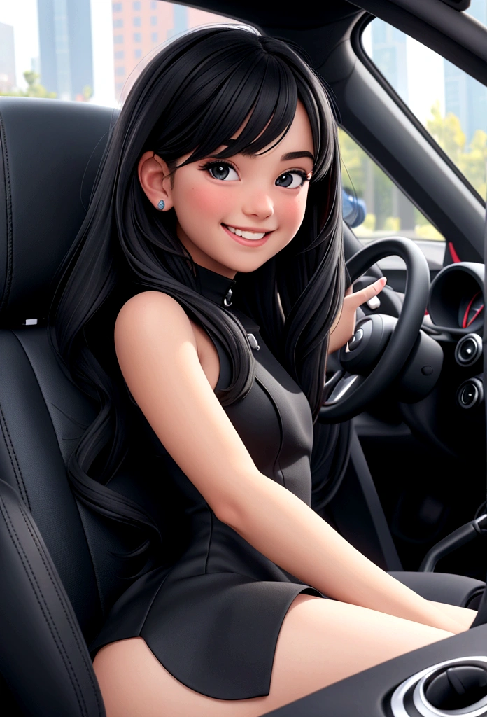 teen girl, in a black mini dress, smiling, driving a car