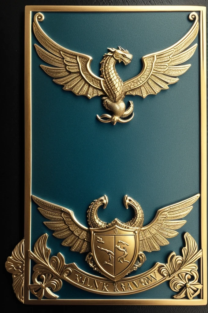 **In the style of Game of Thrones house sigils:**
**Canvas Base:** Choose a classic heraldic shield shape with a silver metallic surface and golden edges.
- **Background:** Fill the background with a dark, enameled emerald green.
- **Dragon:** Draw a sea serpent in the center, using shiny silver for the body and light blue for the wings. Be sure to include embossed details for the scales and wings.
- **Waves:** Add undulating waves around the sea serpent in sky blue. Use engraving techniques for a three-dimensional effect.
- **Flowers:** Insert small golden flowers among the waves, with embossed details.
- **Border:** Create a raised golden border with engraved wave and leaf patterns.