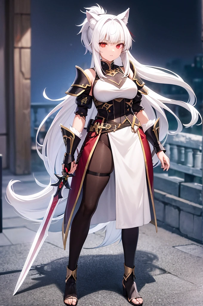 Young Wolf girl. White hair ponytail. Red eye. Scar on left eye. Traditionnal armor. Fantasy. 4k.  Full body. Fantasy médiévale City background. Sword.