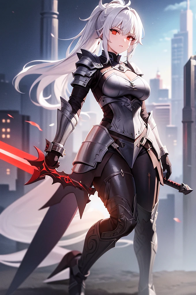 Young Wolf girl. White hair ponytail. Red eye. Scar on left eye. Traditionnal armor. Fantasy. 4k.  Full body. Fantasy médiévale City background. Sword.