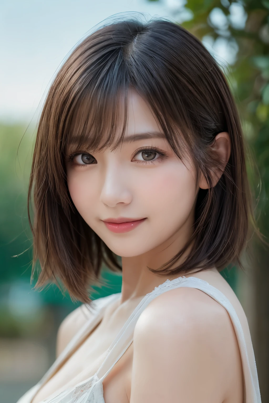 (masterpiece:1.2, Highest quality), (beautiful, fine grain: 1.2、beautiful skin、beautiful hair、Good attitude and dignity、beautiful manners、regrettable、beautiful eyes), ((One Woman)), (Light brown eyes:1.4), (Detailed eyes and face:1.3), ((Short Hair Woman)), (beautiful and vivid background:1.2), (Very detailedなCG, Very detailed, Best Shadow:1.1), ((Written boundary depth)), ((watercolor)), beautiful concept shape, (Blue background:0.5), (shape:1.1), (とても素敵でbeautiful:1.1), (Perfect detail:1.1), from the front, Cowboy Shot, scenery 、Listen carefully、長くbeautiful首、Keep your mouth closed and give your viewers a happy smile..