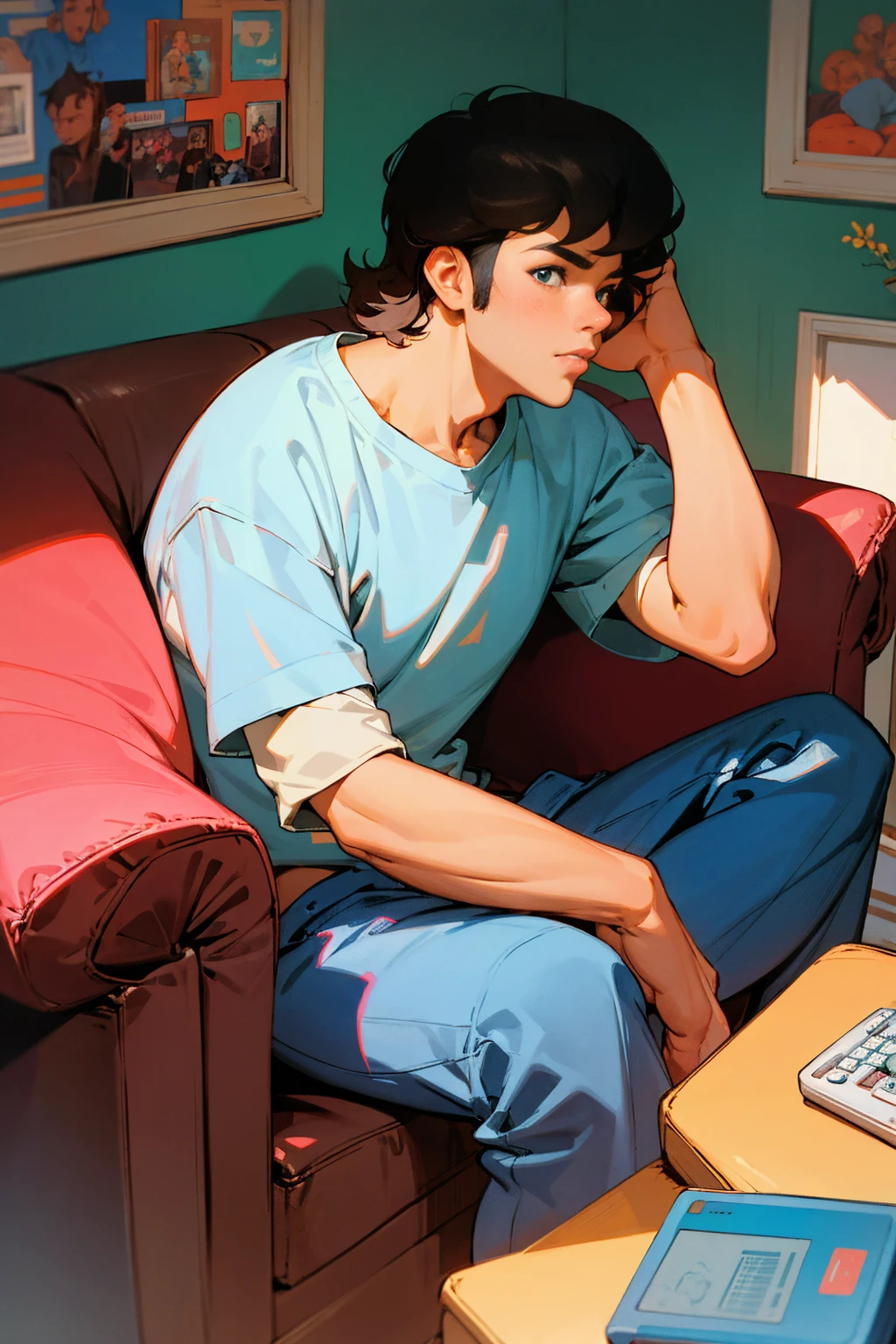 Guy sitting on the couch playing Nintendo on a Saturday morning in the 80s