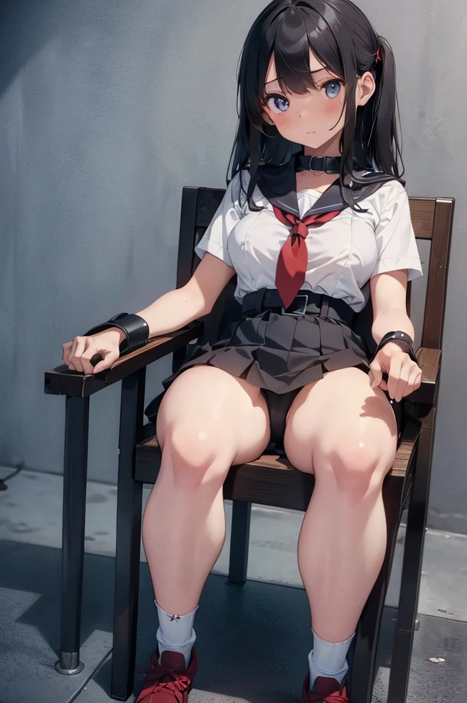 1 girl, strapped to a chair, (open legs:1.5), blushing, terrified, wrist cuffs, ankle cuffs, wrists tied, ankles tied, sailor uniform, tight clothing, miniskirt, shoeless, short sleeves, perfect face, detailed eyes, beautiful eyes, big thighs, big chest, long hair, full body