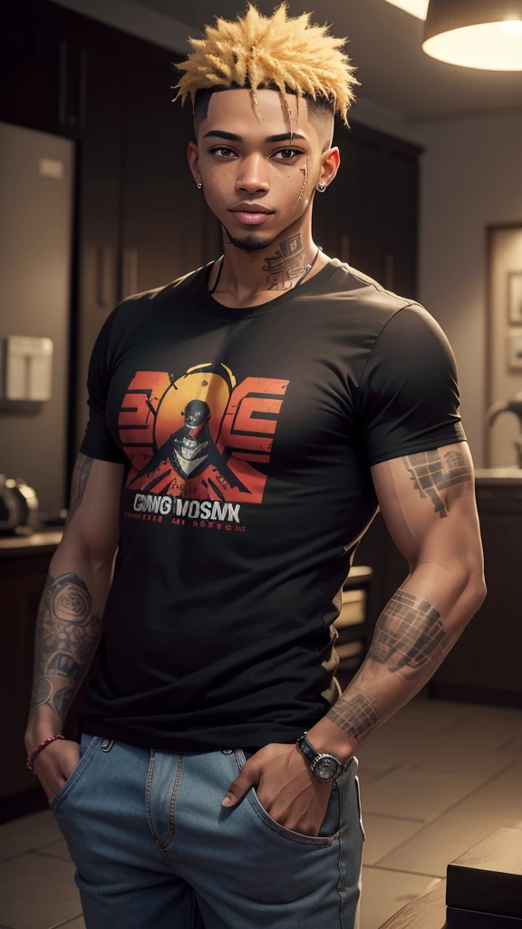 ((masterpiece, best quality)),(complex lighting) ,solo,(((1guy))), Black skin, emo rapper, Slightly notorious criminal, mischievous smile, light skinned, freckled face, Slight undercut, long bangs, medium length, dark red bleached blonde hair, tattoos, face tattoos, t shirt, pants, (((8k)))