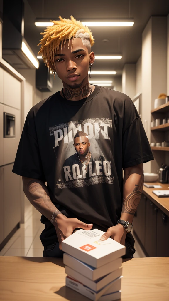 ((masterpiece, best quality)),(complex lighting) ,solo,(((1guy))), Black skin, emo rapper, Slightly notorious criminal, mischievous smile, light skinned, freckled face, Slight undercut, long bangs, medium length, dark red bleached blonde hair, tattoos, face tattoos, t shirt, pants, (((8k)))