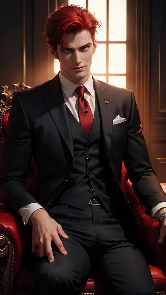 a tall angry masculine man in a suit, sitting in a chair, bulge in trousers, low angle shot, cinematic dramatic lighting, photorealistic, 8k, high detail, chiaroscuro lighting, evil smile, Red hair, red eyes, focus on bulge, very detailed face, bright eyes