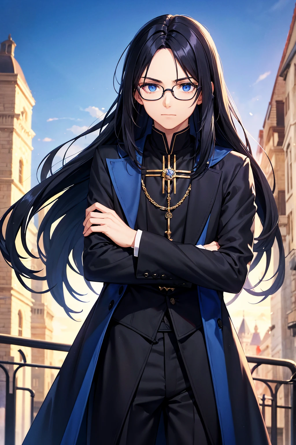 Man with glasses, magician with long black hair, dark blue eyes, wears blue with black magician clothes, young magician, intellectual, cold personality, medieval city background.