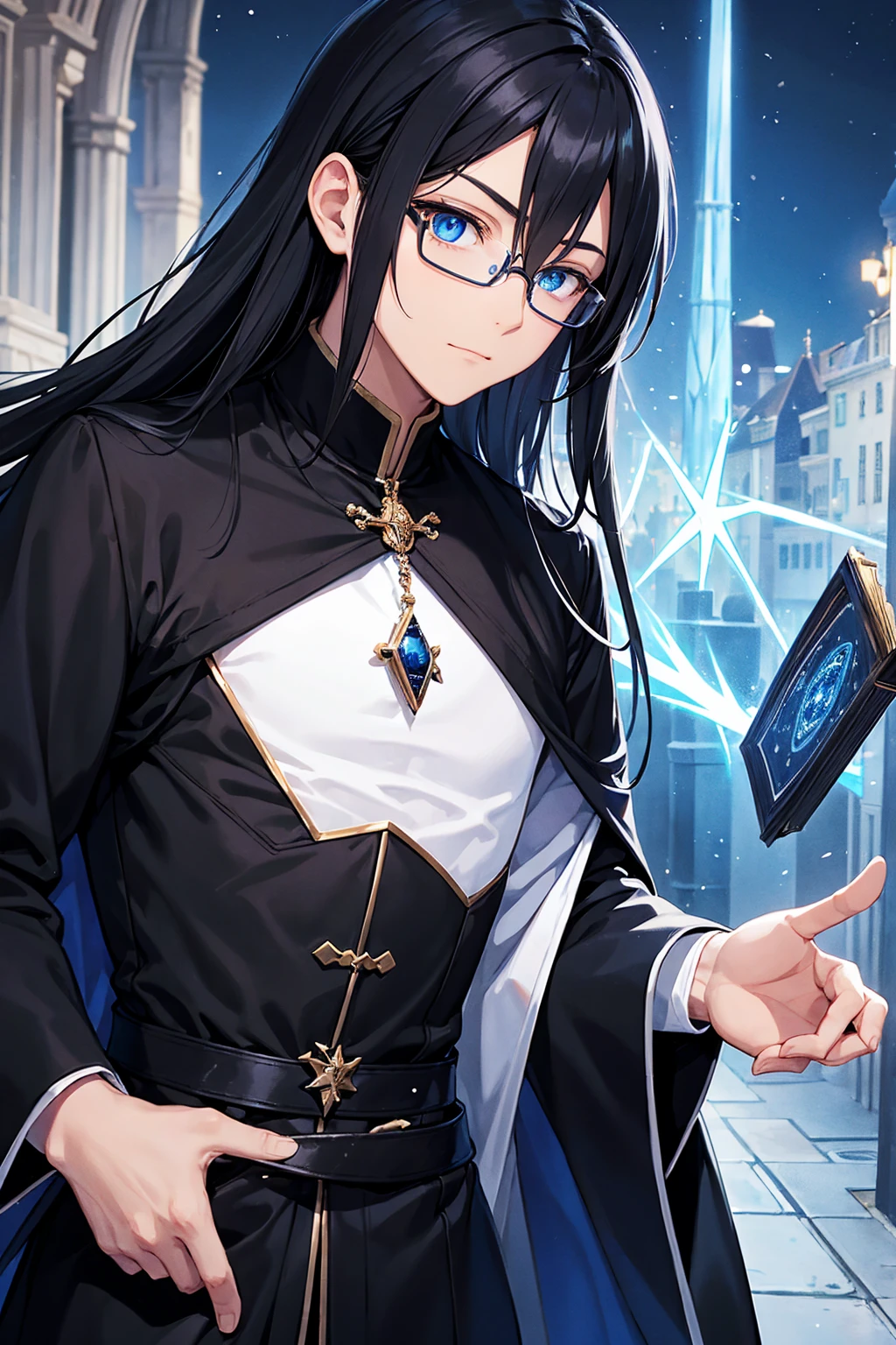 Man with glasses, magician with long black hair, dark blue eyes, wears blue with black magician clothes, young magician, intellectual, cold personality, medieval city background.
