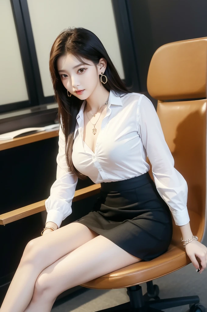 (((actual photography))),, portrait, Korean，(arrogant的臉:1.3),, 1 Girl，beautiful girl, arrogant,Sit in a large class chair，Write carefully on the table , (Necklace，earrings，Bracelet:1.1), Buttoned shirt and hip skirt,miniskirt , (cleavage:0.3),, In the CEO&#39;s Office, (environmental details:1.3),, (original photo, CG Unity, photography, ultra actual details, sharp focus, Delicate skin,4K, High resolution, masterpiece, best quality, actual, energetic:1.2),, (8K,4K, Ultra high quality, High resolution, professional, Movie般的, Movie, Dramatic),Reasonable posture, Detailed office background