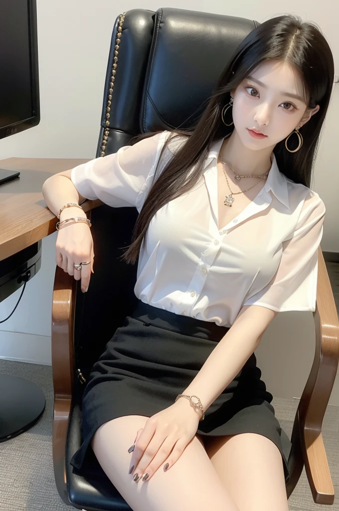 (((actual photography))),, portrait, Korean，(arrogant的臉:1.3),, 1 Girl，beautiful girl, arrogant,Sit in a large class chair，Write carefully on the table , (Necklace，earrings，Bracelet:1.1), Buttoned shirt and hip skirt,miniskirt , (cleavage:0.3),, In the CEO&#39;s Office, (environmental details:1.3),, (original photo, CG Unity, photography, ultra actual details, sharp focus, Delicate skin,4K, High resolution, masterpiece, best quality, actual, energetic:1.2),, (8K,4K, Ultra high quality, High resolution, professional, Movie般的, Movie, Dramatic),Reasonable posture, Detailed office background