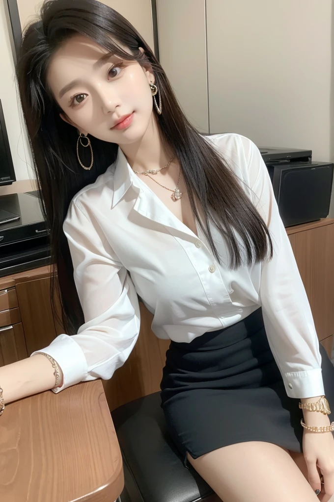 (((actual photography))),, portrait, Korean，(arrogant的臉:1.3),, 1 Girl，beautiful girl, arrogant,Sit in a large class chair，Write carefully on the table , (Necklace，earrings，Bracelet:1.1), Buttoned shirt and hip skirt,miniskirt , (cleavage:0.3),, In the CEO&#39;s Office, (environmental details:1.3),, (original photo, CG Unity, photography, ultra actual details, sharp focus, Delicate skin,4K, High resolution, masterpiece, best quality, actual, energetic:1.2),, (8K,4K, Ultra high quality, High resolution, professional, Movie般的, Movie, Dramatic),Reasonable posture, Detailed office background