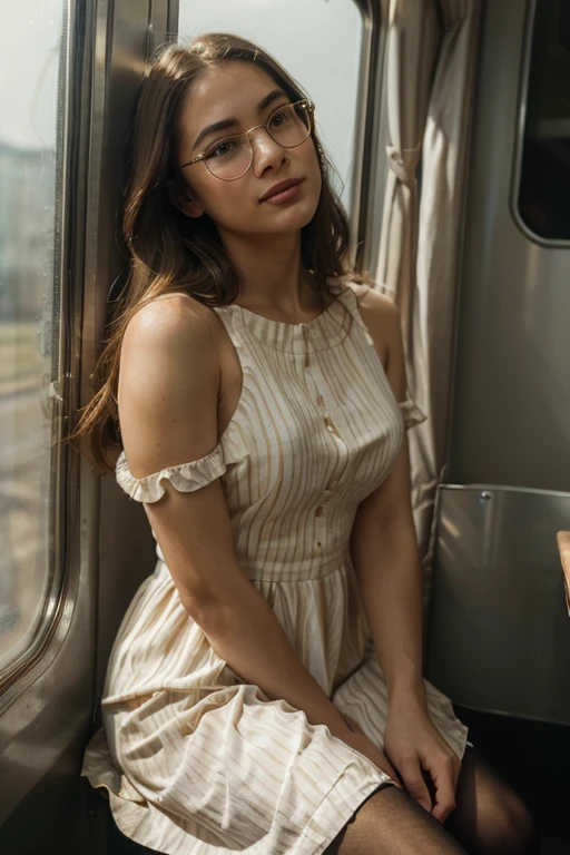 (Best quality, Ultra detailed, Golden ratio, Masterpiece:1.2), Theatrical lighting:0.7, Photo of Jakartan woman, dressed in a very elegant and pretty dress, Perfect rare face, (Highly detailed skin), randomly dyed hair, Hide your mouth with your hands、Ridicule, skin texture, Pale skin, shiny skin, (thin, large size:1.2), [:(Sharp focus on rare face, perfect eyes:1.2):0.2], photorealistic, film grain, Put one foot forward、from below looking up、look at camera、Emphasize the shoulders, Focus on face、Stockings、glasses、Smile with corners of mouth raised、disdainful expression, summer haze, muted colors, muted warm colors, Photo cinematic portrait of a woman dressed in a striped dress sitting by the window in the early morning, cinematic, (tilted:1.3) (on an old train) look cautious, standing under a spotlight, volumetric dust clouds, key light, backlight, soft natural lighting, photography Film grain ISO 400 30 mm lens RAW f1.8 aperture, highly detailed (analog photography:1), colors hdr