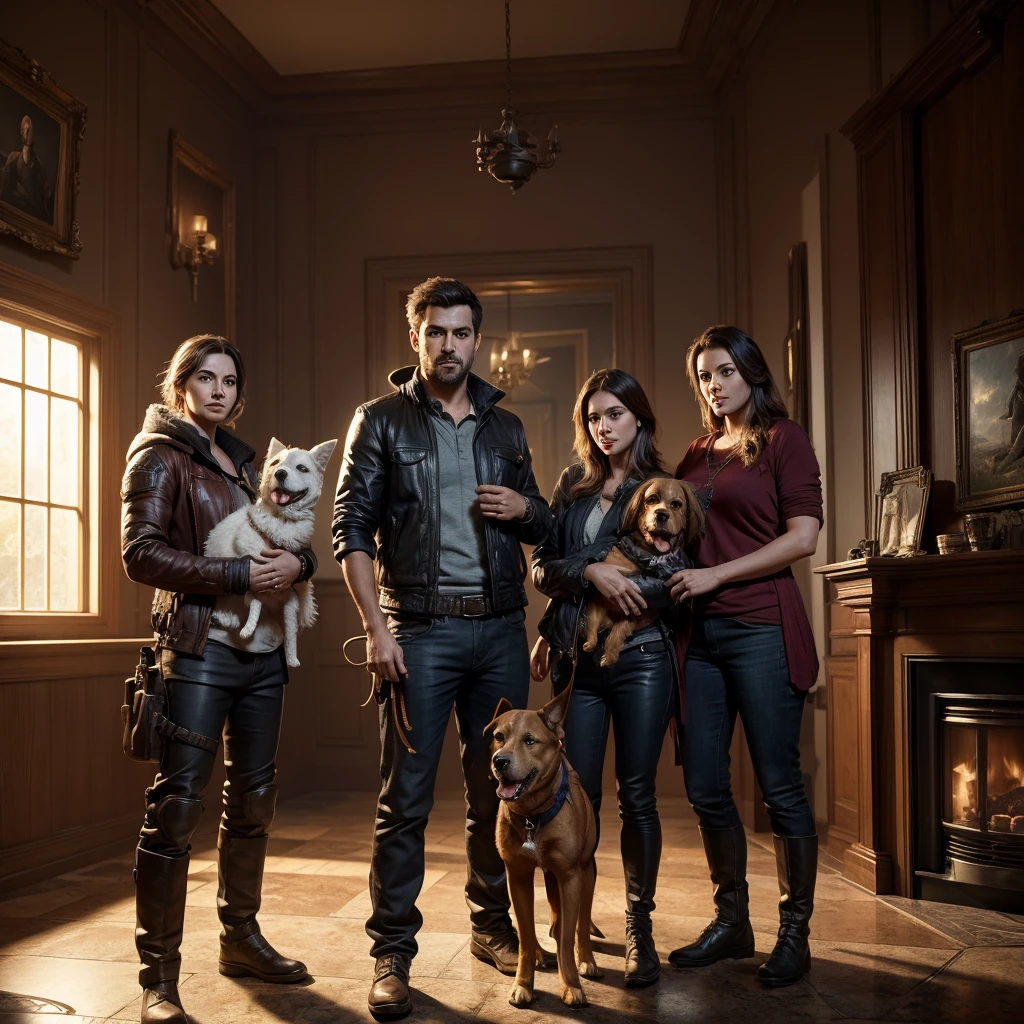lovely family with their dog, deep color, realistic, wide screen, intricate detail, splash screen, complementary colors, realistic concept art, Unreal Engine 5 volumetric lighting, dynamic lighting hyperdetailed
