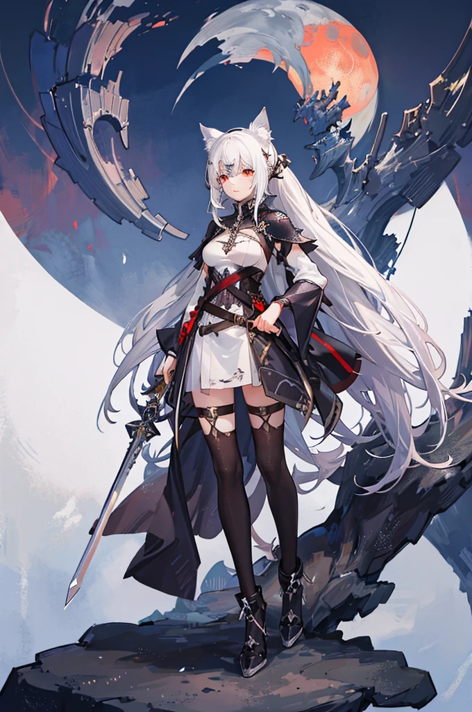 Young Wolf girl. White hair ponytail. Red eye. Scar on left eye. Traditionnal armor. Fantasy. 4k. Full body. Fantasy médiévale City background. Sword.