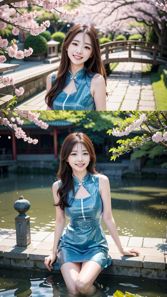  (8K, RAW Photos, Highest quality, masterpiece:1.3), (Realistic, photo-Realistic:1.4), (Highly detailed 8K wallpaper), Sharp focus, Written boundary depth, (Double Bang:1.2), Japanese Idols,very cute,(Baby Face) , Look at us and laugh, Upper Body, Highly detailed face and eyes,((Shiny skin:1.2)), Cinema Lighting, Soft Light,( China dress:1.2), Blur the background, Bokeh,(Traditional Chinese garden with cherry blossoms in full bloom, Enjoy the tranquil scenery with a pond and a small bridge.)