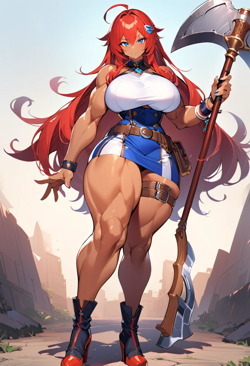 1gir, solo, breasts, red-hair, blue-eyes, dark-skinned-female, ((dark-skin)), huge-breasts, muscular-femal, weapon, smile, simple-background, thighs, very-long-hair, full-body, thick-thighs, looking-at-viewer fur-trim, holding, axe, high-heels, boots, over-shoulder, standing, belt, weapon-over-shoulder, hair-ornament, ahoge
