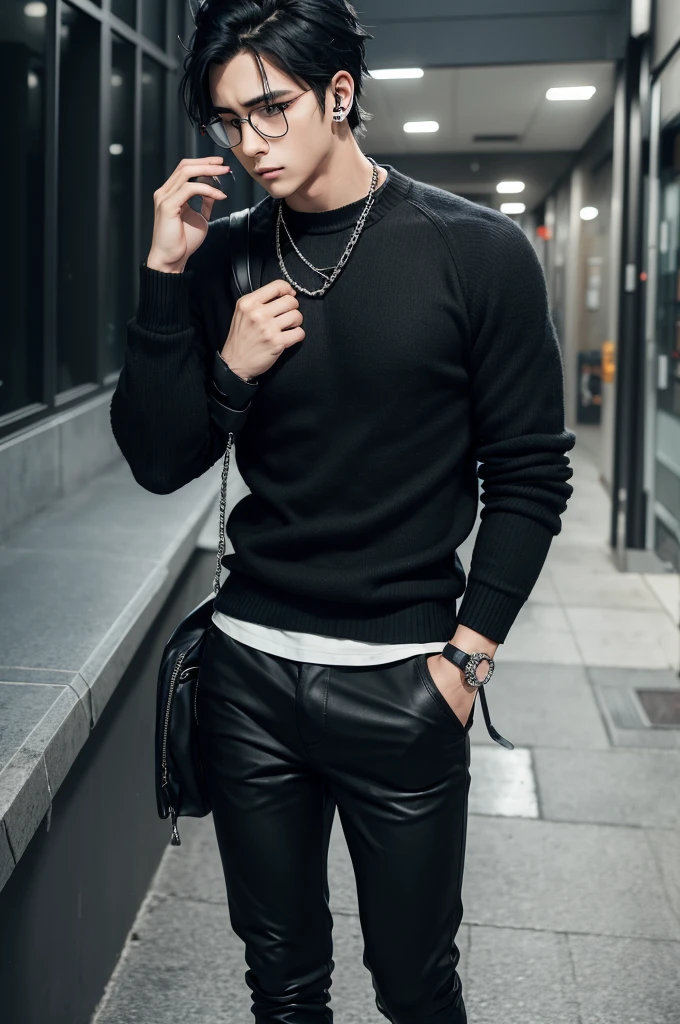 Man with messy black hair, with headphones and glasses round low black, camisa black sweater, Black pants with chains, muscular anime