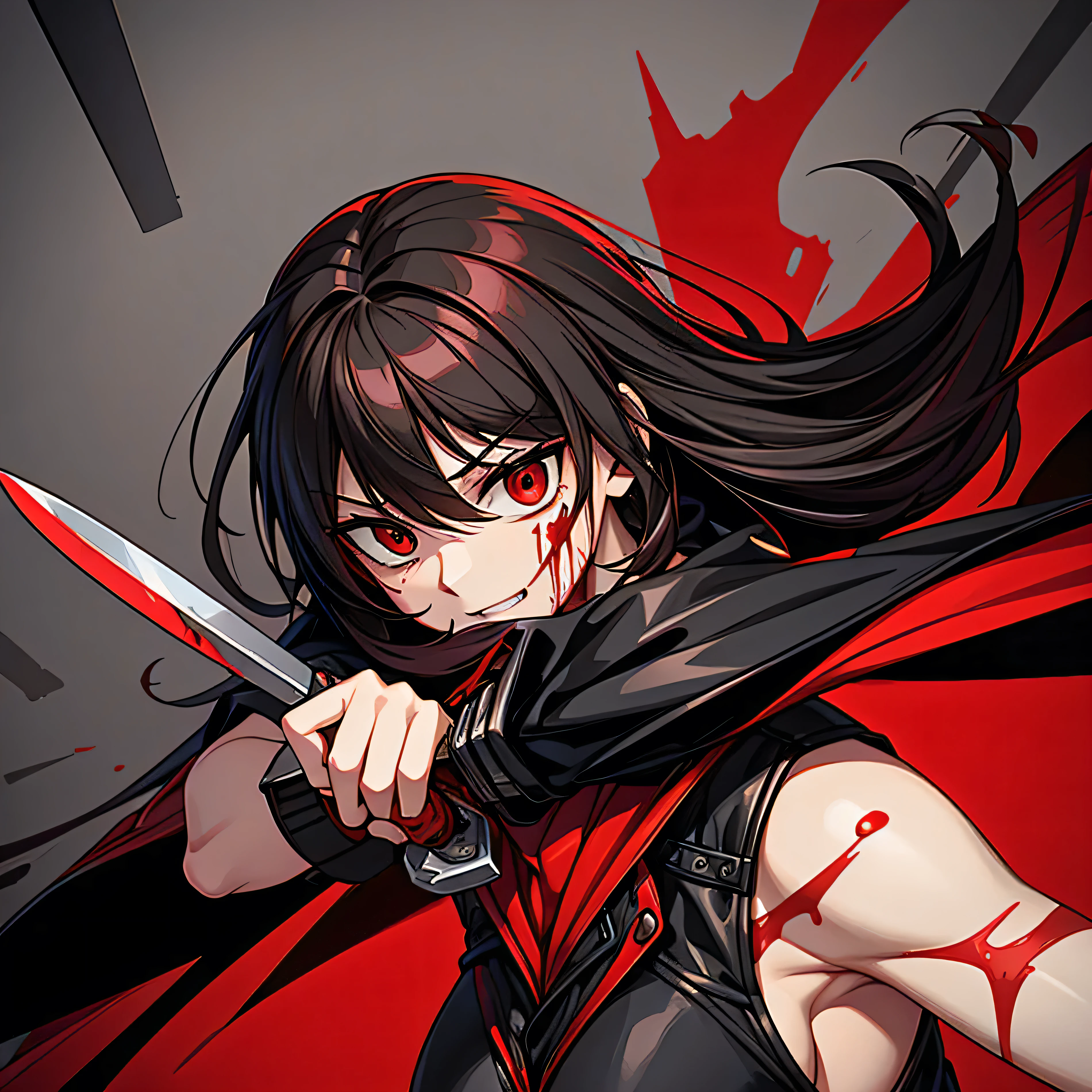 bloody revenge, only red and black, evil, knife with blood, killing someone