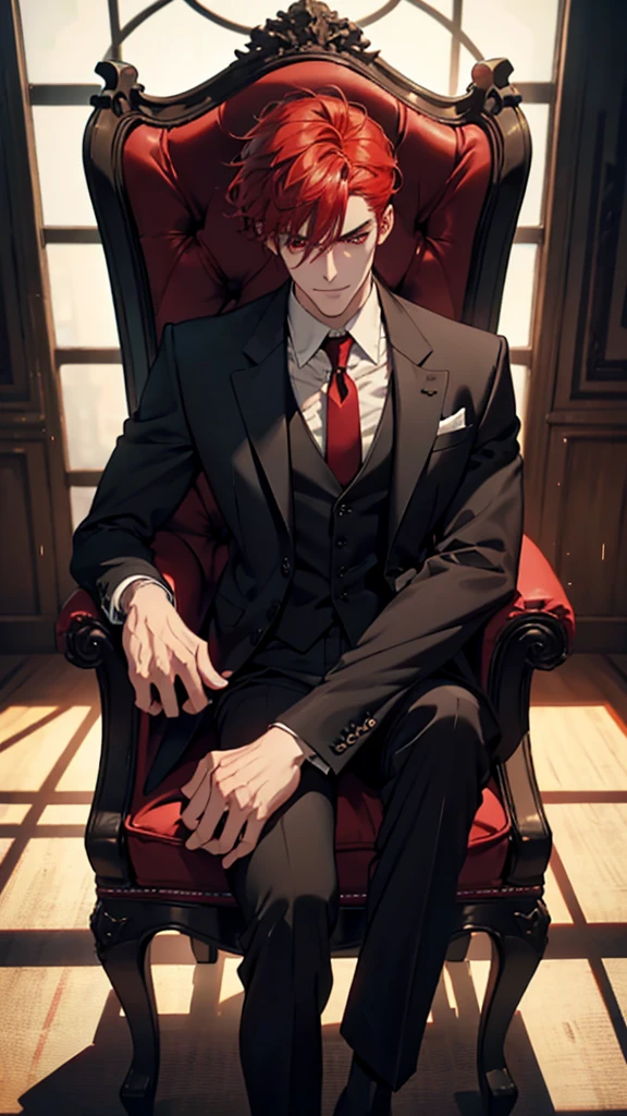 a tall angry masculine man in a suit, sitting in a chair, bulge in trousers, low angle shot, cinematic dramatic lighting, photorealistic, 8k, high detail, chiaroscuro lighting, evil smile, Red hair, red eyes, focus on bulge, very detailed face, bright eyes