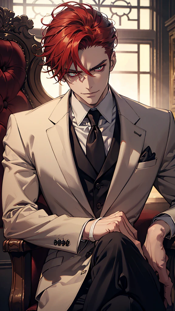 a tall angry masculine man in a suit, sitting in a chair, bulge in trousers, low angle shot, cinematic dramatic lighting, photorealistic, 8k, high detail, chiaroscuro lighting, evil smile, Red hair, red eyes, focus on bulge, very detailed face, bright eyes