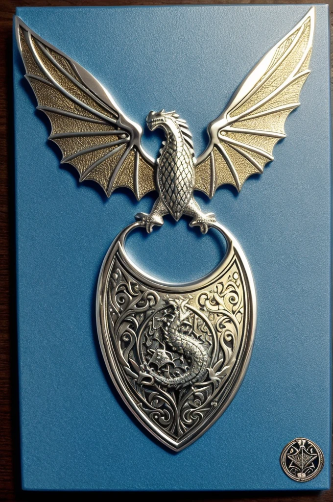 **In the style of Game of Thrones house sigils:**

**Canvas Base:** Choose a classic heraldic shield shape with a silver metallic surface and golden edges.
  - **Background:** Fill the background with a dark, enameled emerald green.
  - **Dragon:** Draw a dragon in the center, using shiny silver for the body and light blue for the wings. Be sure to include embossed details for the scales and wings.
  - **Waves:** Add undulating waves around the dragon in sky blue. Use engraving techniques for a three-dimensional effect.
  - **Flowers:** Insert small golden flowers among the waves, with embossed details.
  - **Border:** Create a raised golden border with engraved wave and leaf patterns.