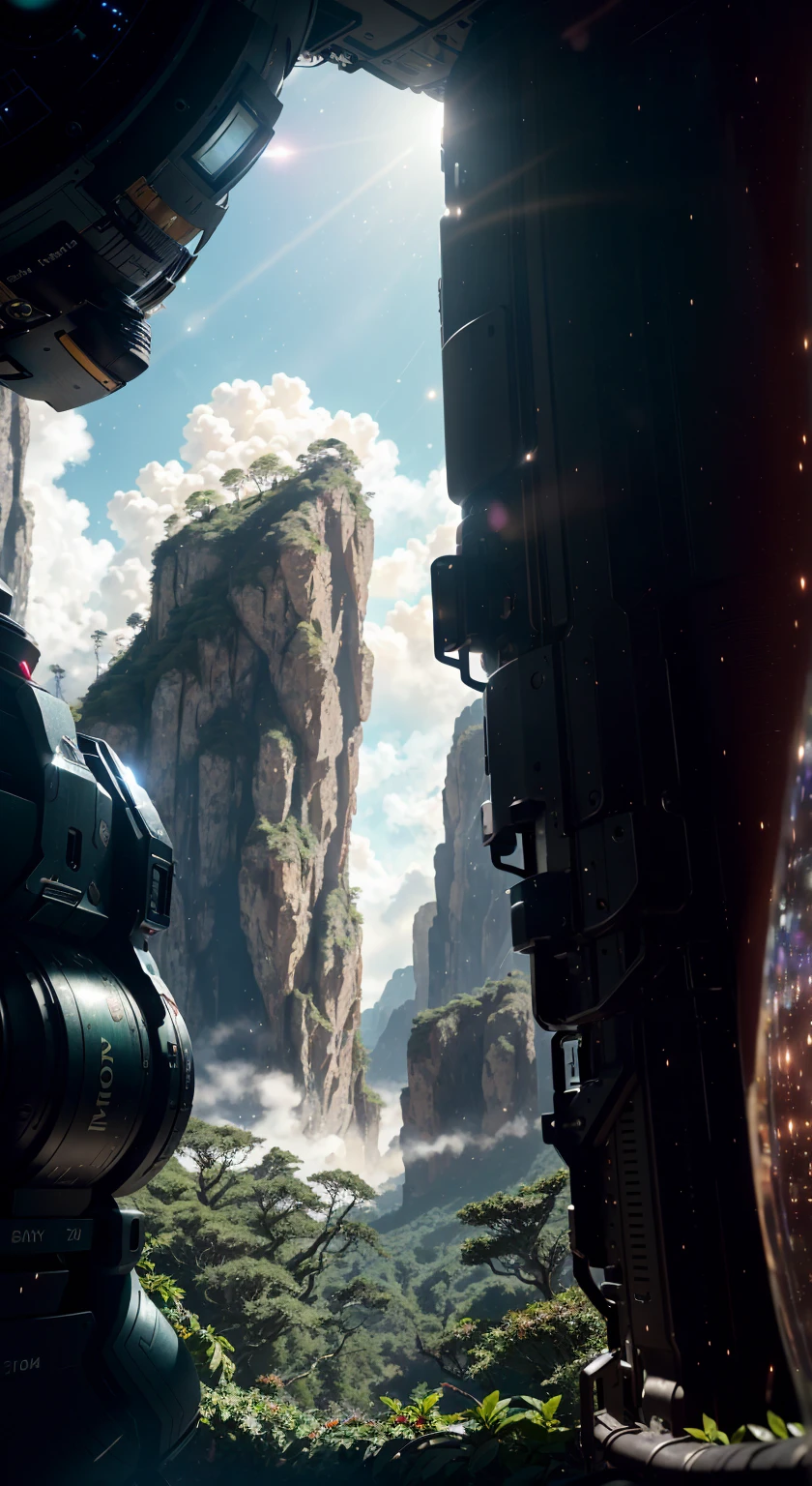 (35mmstyle:1.2), Highly detailed RAW color Photo, Rear Angle, looking out at magical lush green rain forest on alien planet), vivid detail, (exotic alien planet), (sci-fi), (mountains:1.1), (lush green vegetation), (two moons in sky:0.8), (highly detailed, hyperdetailed, intricate), (lens flare:0.7), (bloom:0.7), particle effects, raytracing, cinematic lighting, shallow depth of field, photographed on a Sony a9 II, 35mm wide angle lens, sharp focus, cinematic film still from Gravity 2013, viewed from behind, dynamic angle