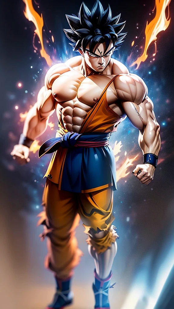 
* Detailed face with serious and determined expression.
* Black spiky hair with light reflections.
* Orange and blue traditional martial arts clothing.
* muscular and defined body.
* Dynamic and powerful fighting pose.
* Combat scene with energy explosions in the background.

styled:

* Mix of realism and anime style/mango.
* Fine, precise lines for contours.
* Realistic shading and lighting to add volume and texture.
* Vibrant, contrasting colors to highlight scene elements.

format:

* high resolution image (1080p or higher).
* Horizontal or vertical orientation (according to your preference).
* No watermark or other distracting elements