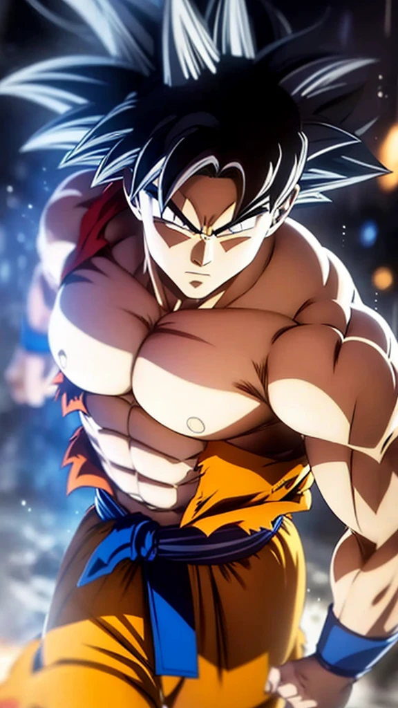 * Detailed face with serious and determined expression.
* Black spiky hair with light reflections.
* Orange and blue traditional martial arts clothing.
* muscular and defined body.
* Dynamic and powerful fighting pose.
* Combat scene with energy explosions in the background.
styled:
* Mix of realism and anime style/mango.
* Fine, precise lines for contours.
* Realistic shading and lighting to add volume and texture.
* Vibrant, contrasting colors to highlight scene elements.
format:
* high resolution image (1080p or higher).
* Horizontal or vertical orientation (according to your preference).
* No watermark or other distracting elements