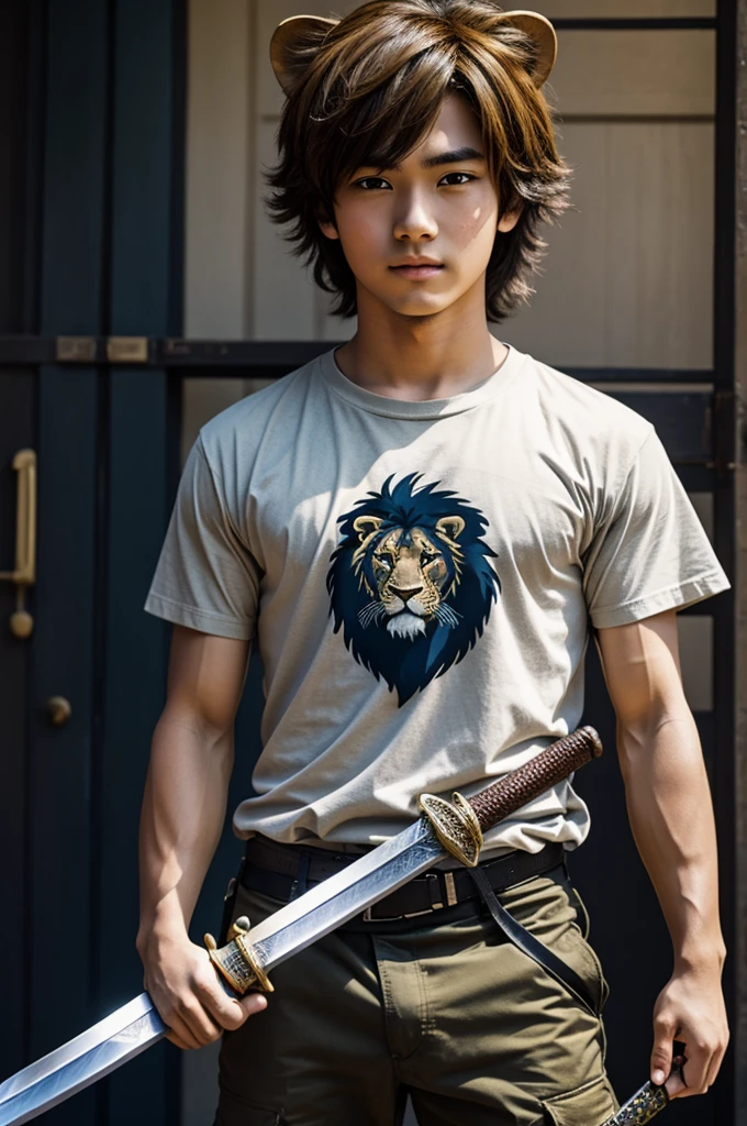 Anime boy holding a sword wearing a T-shirt with a lion