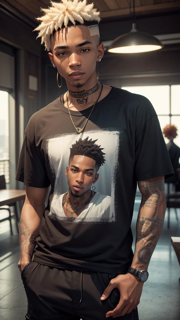 ((masterpiece, best quality)),(complex lighting) ,solo,(((1guy))), Black skin, emo rapper, Slightly notorious criminal, mischievous smile, light skinned, freckled face, Slight undercut, long bangs, medium length, dark red bleached hair, tattoos, face tattoos, t shirt, pants, (((8k)))