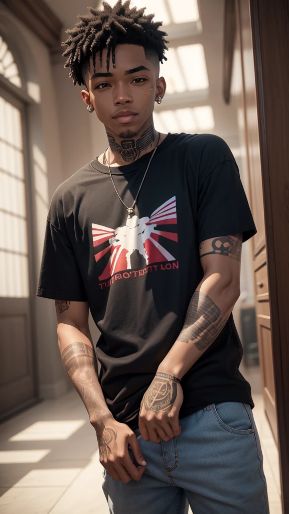((masterpiece, best quality)),(complex lighting) ,solo,(((1guy))), Black skin, emo rapper, Slightly notorious criminal, mischievous smile, light skinned, freckled face, Slight undercut, long bangs, medium length, dark red bleached hair, tattoos, face tattoos, t shirt, pants, (((8k)))