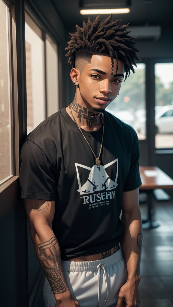 ((masterpiece, best quality)),(complex lighting) ,solo,(((1guy))), Black skin, emo rapper, Slightly notorious criminal, mischievous smile, light skinned, freckled face, Slight undercut, long bangs, medium length, dark red bleached hair, tattoos, face tattoos, t shirt, pants, (((8k)))