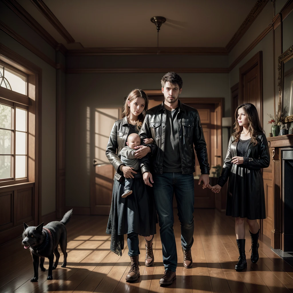 lovely family with their dog, deep color, realistic, wide screen, intricate detail, splash screen, complementary colors, realistic concept art, Unreal Engine 5 volumetric lighting, dynamic lighting hyperdetailed