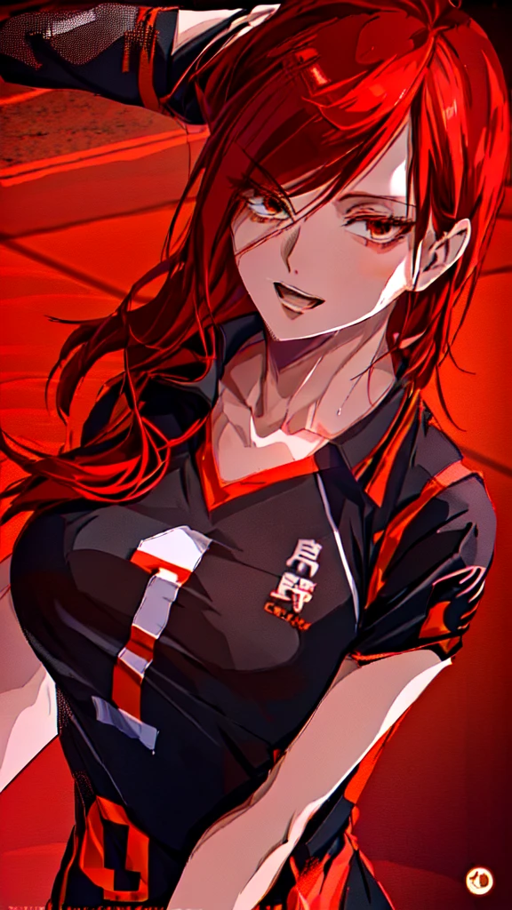 anime girl with red hair and black shirt posing for a picture, Generate an image of Erza Scarlet from 'Fairy Tail' dressed in the Karasuno High School volleyball team uniform from 'Haikyuu!!', complete with the number 1 on her jersey. She should be standing confidently on a volleyball court."