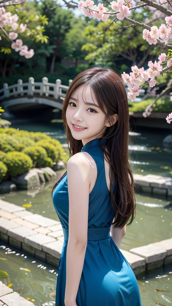(8K, RAW Photos, Highest quality, masterpiece:1.3), (Realistic, photo-Realistic:1.4), (Highly detailed 8K wallpaper), Sharp focus, Written boundary depth, (Double Bang:1.2), Japanese Idols,very cute,(Baby Face) , Look at us and laugh, Upper Body, Highly detailed face and eyes,((Shiny skin:1.2)), Cinema Lighting, Soft Light,( China dress:1.2), Blur the background, Bokeh,(Traditional Chinese garden with cherry blossoms in full bloom, Enjoy the tranquil scenery with a pond and a small bridge.)