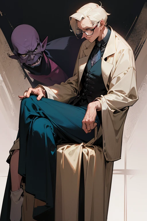 Character Design, an Englishman, Crossing legs, male, 40 years old, Nerd, thin, Hunchback, Glare, Glasses, Wrinkle, Droopy eyes, bigotry, haughtiness, Toxicology Researcher, Worn clothes, dark room, poison,