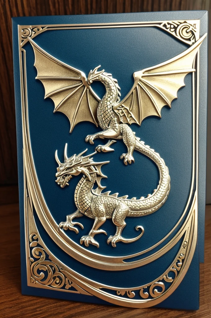 **In the style of Game of Thrones house sigils:**

**Canvas Base:** Choose a classic heraldic shield shape with a silver metallic surface and golden edges.
  - **Background:** Fill the background with a dark, enameled emerald green.
  - **Dragon:** Draw a dragon in the center, using shiny silver for the body and light blue for the wings. Be sure to include embossed details for the scales and wings.
  - **Waves:** Add undulating waves around the dragon in sky blue. Use engraving techniques for a three-dimensional effect.
  - **Flowers:** Insert small golden flowers among the waves, with embossed details.
  - **Border:** Create a raised golden border with engraved wave and leaf patterns.