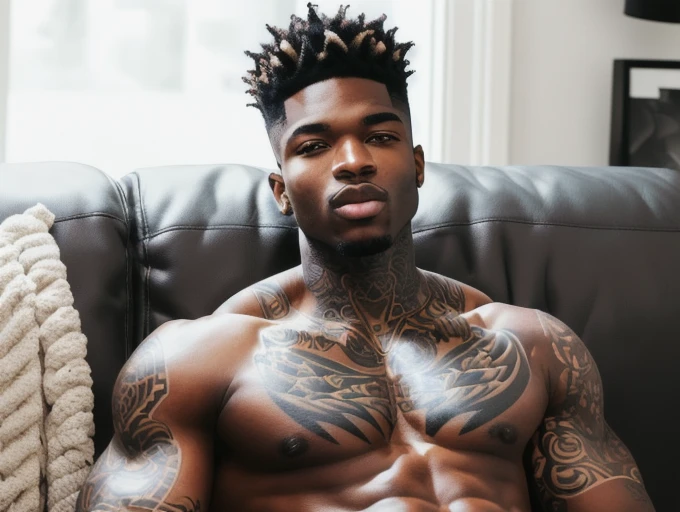 Black man with tattoos on his chest and chest sitting on a couch, with tattoos, inked, inspired by Hedi Xandt, tattooed man, tattooed, fully tattooed body, liam brazier and nielly, the extremely hot and sexy, taken in the early 2020s, tongue out, inspired by Louis Le Nain, dark skin, big muscles