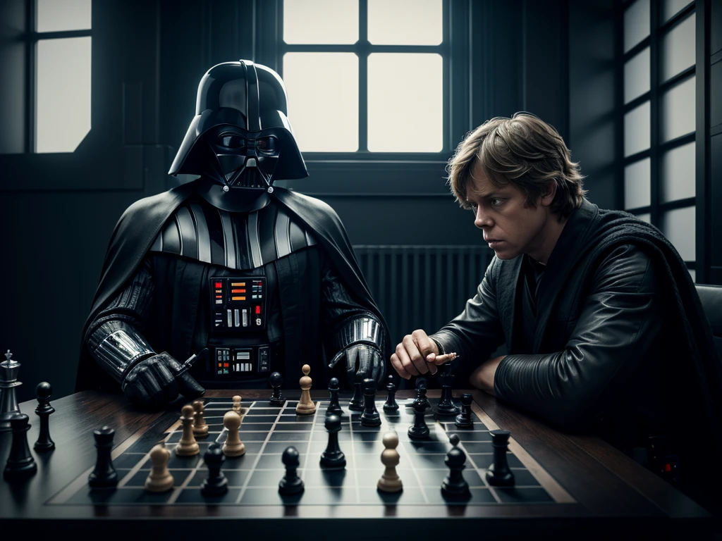 a highly detailed digital painting of darth vader and luke skywalker playing chess, intricate chess board, epic sci-fi setting, dramatic lighting, moody atmosphere, cinematic composition, master lighting, hyperrealistic, octane render, masterpiece, best quality