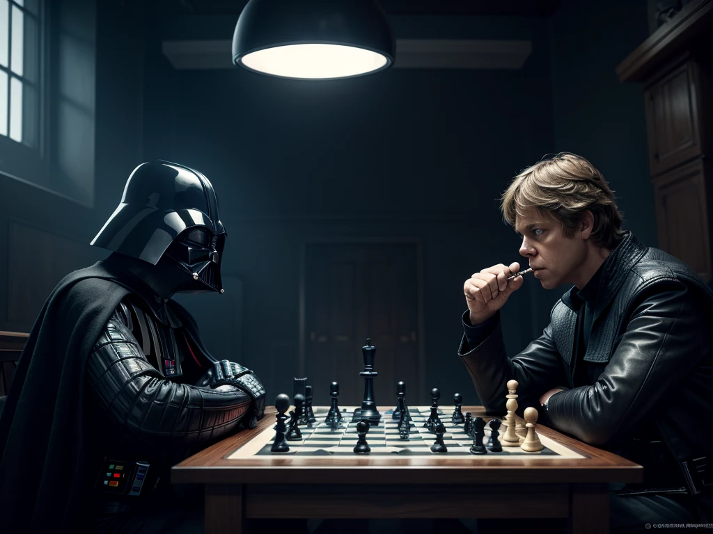 a highly detailed digital painting of darth vader and luke skywalker playing chess, intricate chess board, epic sci-fi setting, dramatic lighting, moody atmosphere, cinematic composition, master lighting, hyperrealistic, octane render, masterpiece, best quality