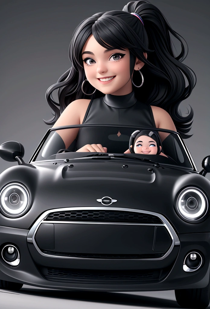 teen girl, in a black mini dress, smiling, driving a car