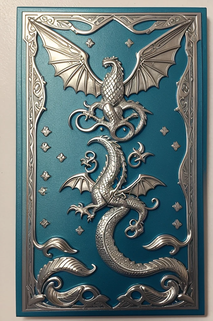 **In the style of Game of Thrones house sigils:**

**Canvas Base:** Choose a classic heraldic shield shape with a silver metallic surface and golden edges.
  - **Background:** Fill the background with a dark, enameled emerald green.
  - **Dragon:** Draw a dragon in the center, using shiny silver for the body and light blue for the wings. Be sure to include embossed details for the scales and wings.
  - **Waves:** Add undulating waves around the dragon in sky blue. Use engraving techniques for a three-dimensional effect.
  - **Flowers:** Insert small golden flowers among the waves, with embossed details.
  - **Border:** Create a raised golden border with engraved wave and leaf patterns.