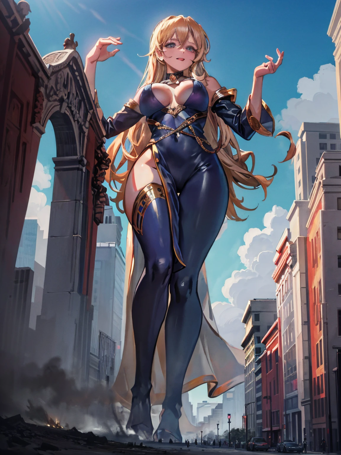 A sensual giantess in a revealing red outfit, with long blonde hair and piercing blue eyes, walks through a quaint medieval village. Her powerful legs crush homes and shops beneath her heels, each step causing the earth to tremble. She gazes at the tiny villagers with a look of disdain, her voice filled with mocking laughter. Her voluptuous figure exudes an aura of raw power and sensuality, every movement a testament to her overwhelming dominance. Giantess, Goddess, sexy legs, heels, hot, curvy body, mommy issues, small town, small people, tiny people, macrophilia, perspective from below, high quality, almost naked, mature woman, seductive.

