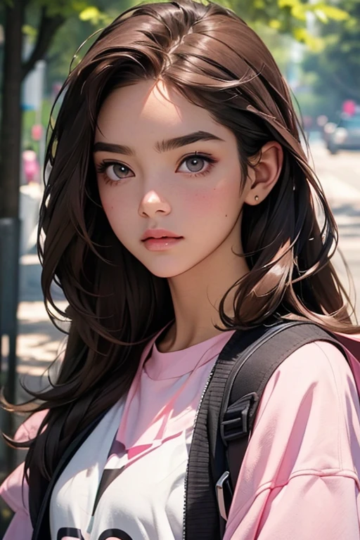 girl, long brown hair, grey eyes, sharp features, White skin, pink lips, t-shirt, jacket