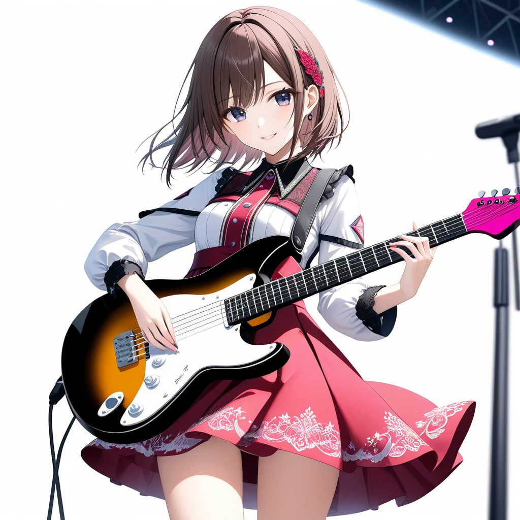 (((White background:1.5)))、(((masterpiece、Ultra HD、Highest quality、Masterpiece、４K:1.2)))、Slender Style、Scandinavian metal girl playing a white electric guitar, An intense gaze directed at the audience, Intricate details, Highly detailed eyes, Highly detailed fingers、Brown Bob、Pink Gothic Dress, Intricate details、A kind smile、mini skirt、Dynamic and intense movements、Highly detailed hands、on stage、1 female
