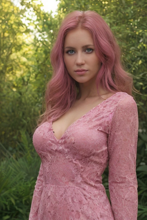 girl in the forest, (best quality, 4K, High definition, masterpiece: 1.2), ultra-detailed, (realistic: 1.37), illustration, beautiful detailed face, long hair, light eyes, pink lips, in a flowing dress, standing in the beam sunlight surrounded by trees and flowers, Calm and peaceful atmosphere, soft and warm color palette, Magical lighting effects