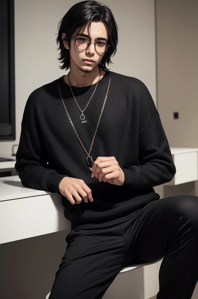 Man with black messy hair, with round low black glasses, com cosisa sweater Black, with black pants with chains, muscular anime 