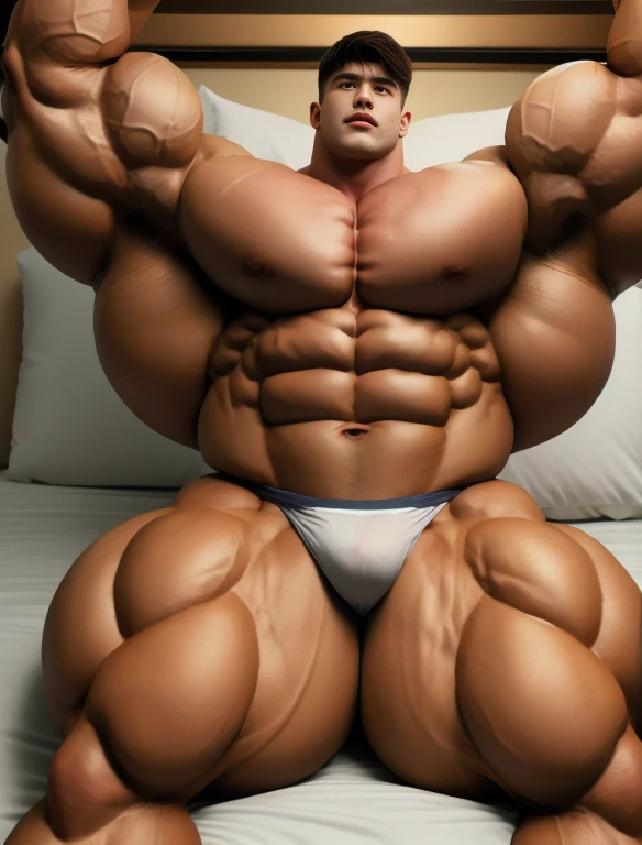 1boy, alone, giant bodybuilder, dim light, strong body, bulk, large size, stretching, resting on the bed, armpit, in the room, , white triangular underwear, prominent bulge, extraordinary big, brutalmass, giant, muscular body, bulk, buff, massive body, large meaty body size, extremely wide body